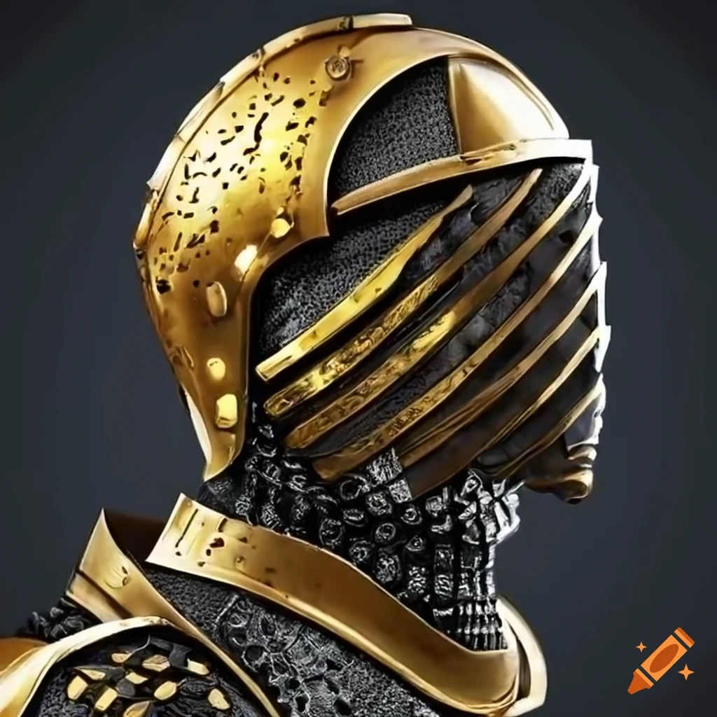 Futuristic black and gold armor-wearing knight with brass knuckles