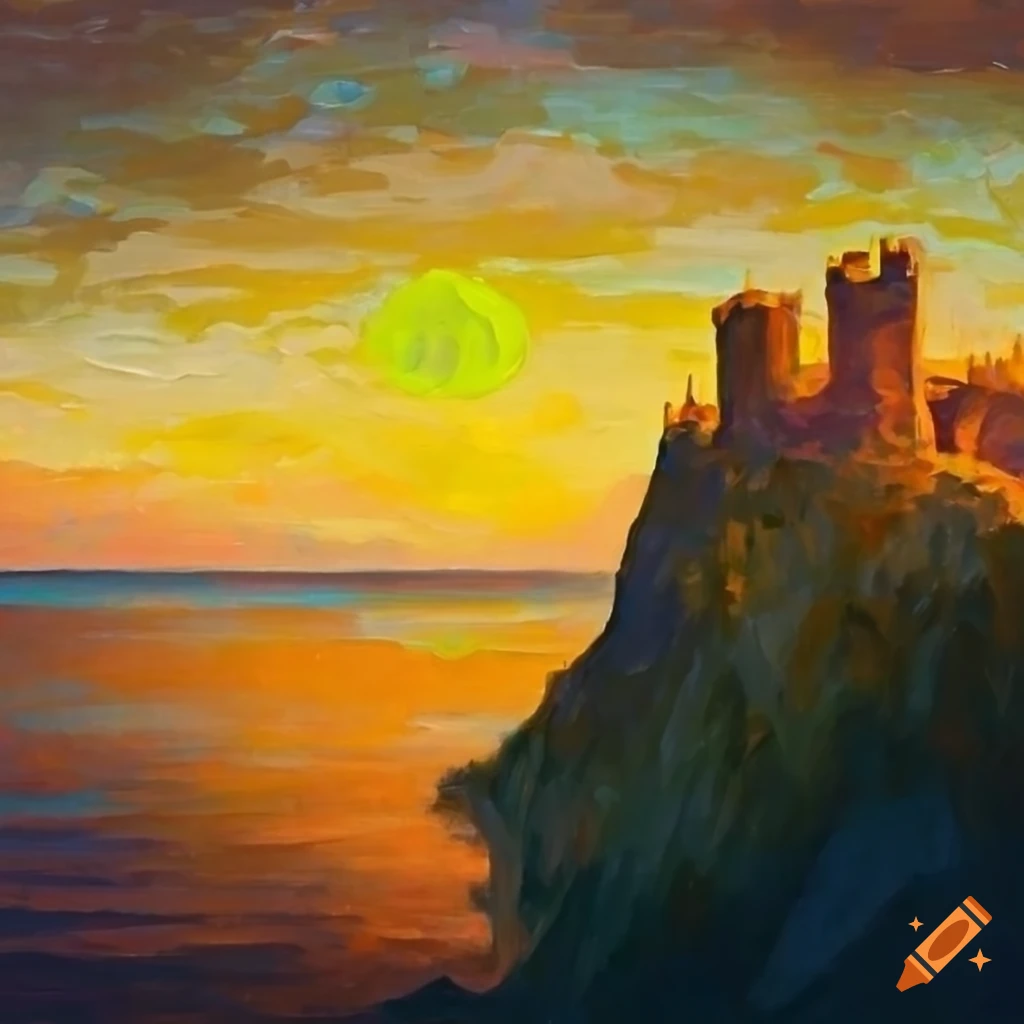 Old castle on green mountain overlooking the sea at sunrise in an oil ...
