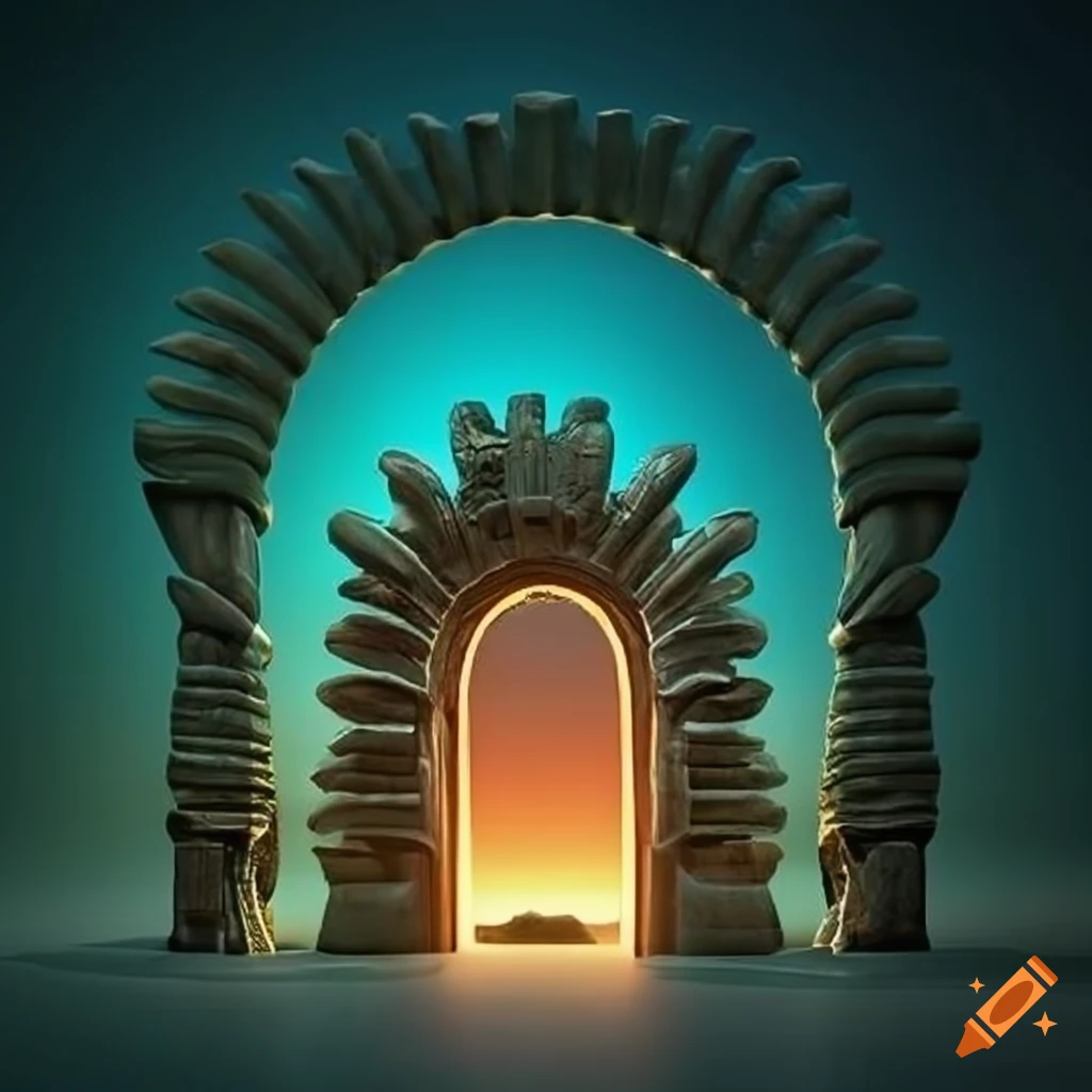 Forest island with stone gateway portal and stunning lighting on Craiyon