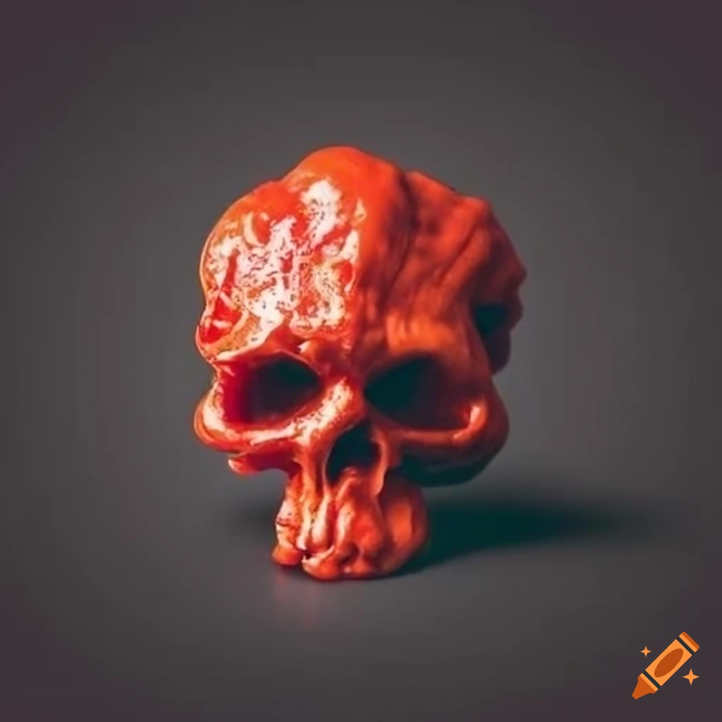 Carolina reaper chilli with skull face surrounded by smoke and fire on