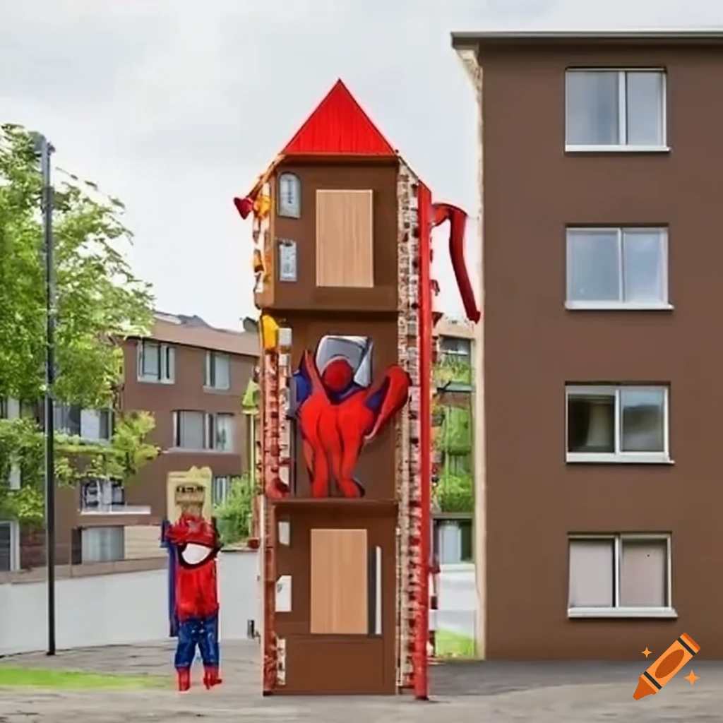 Spider-Man themed climbing frame with buildings in the background