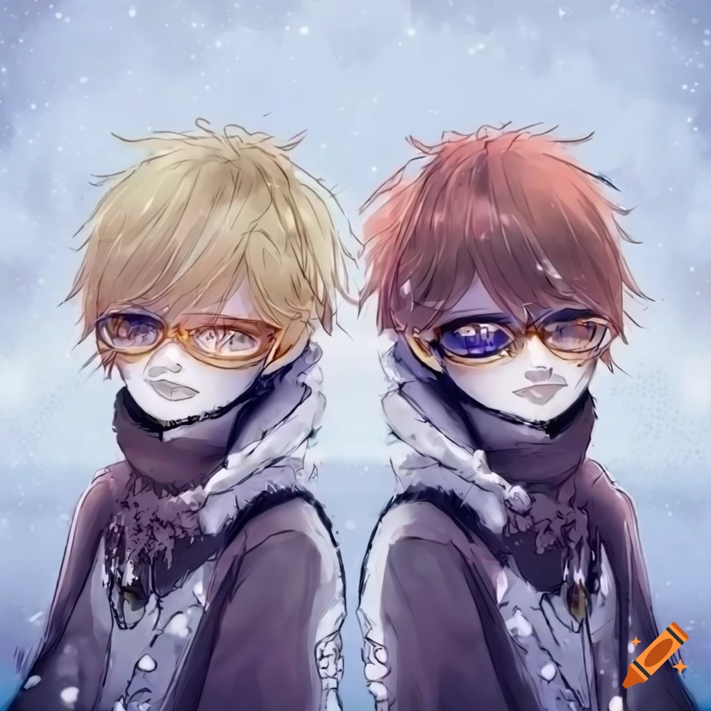 Two goth emo anime boys with masks in the winter snow on Craiyon