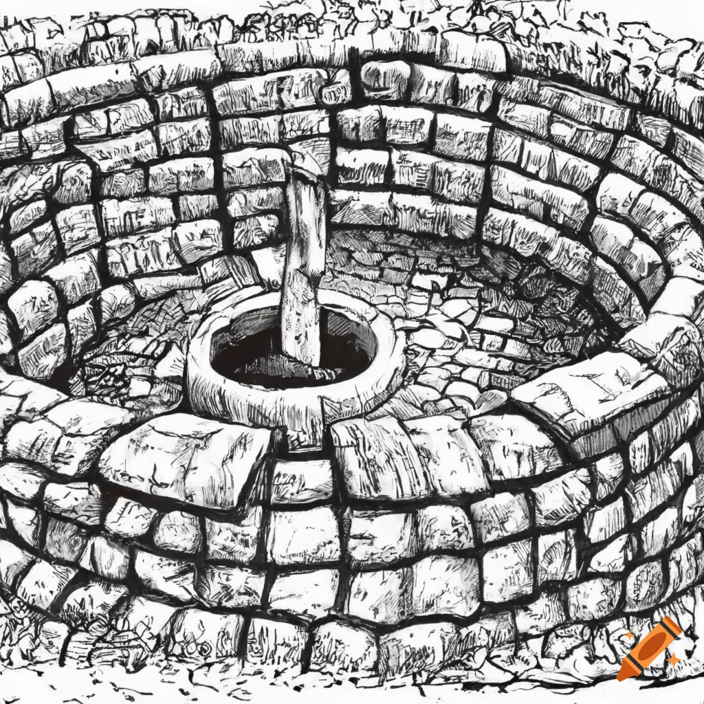 Bird's eye view of a large well in the desert of a lost civilization, hand drawn in black and white