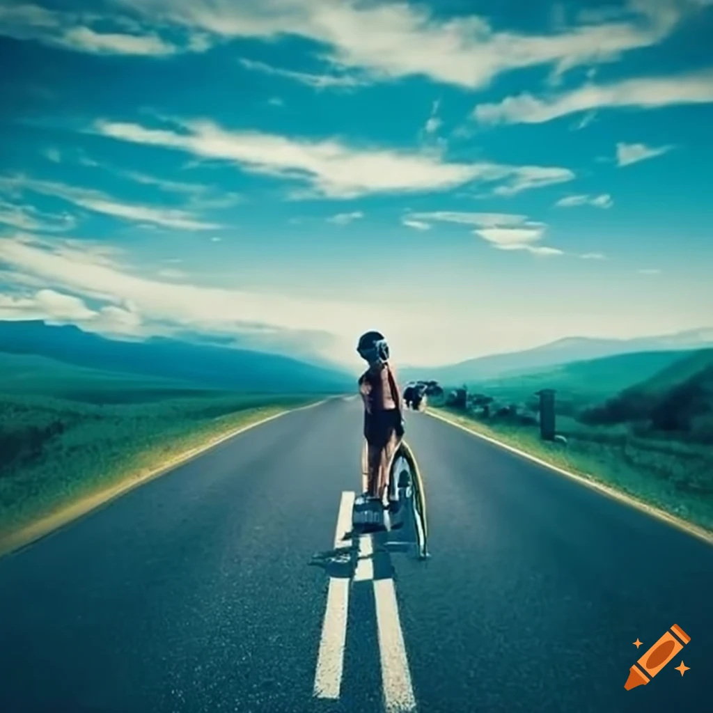 Man lying on road with bike, facing the horizon on a sunny day