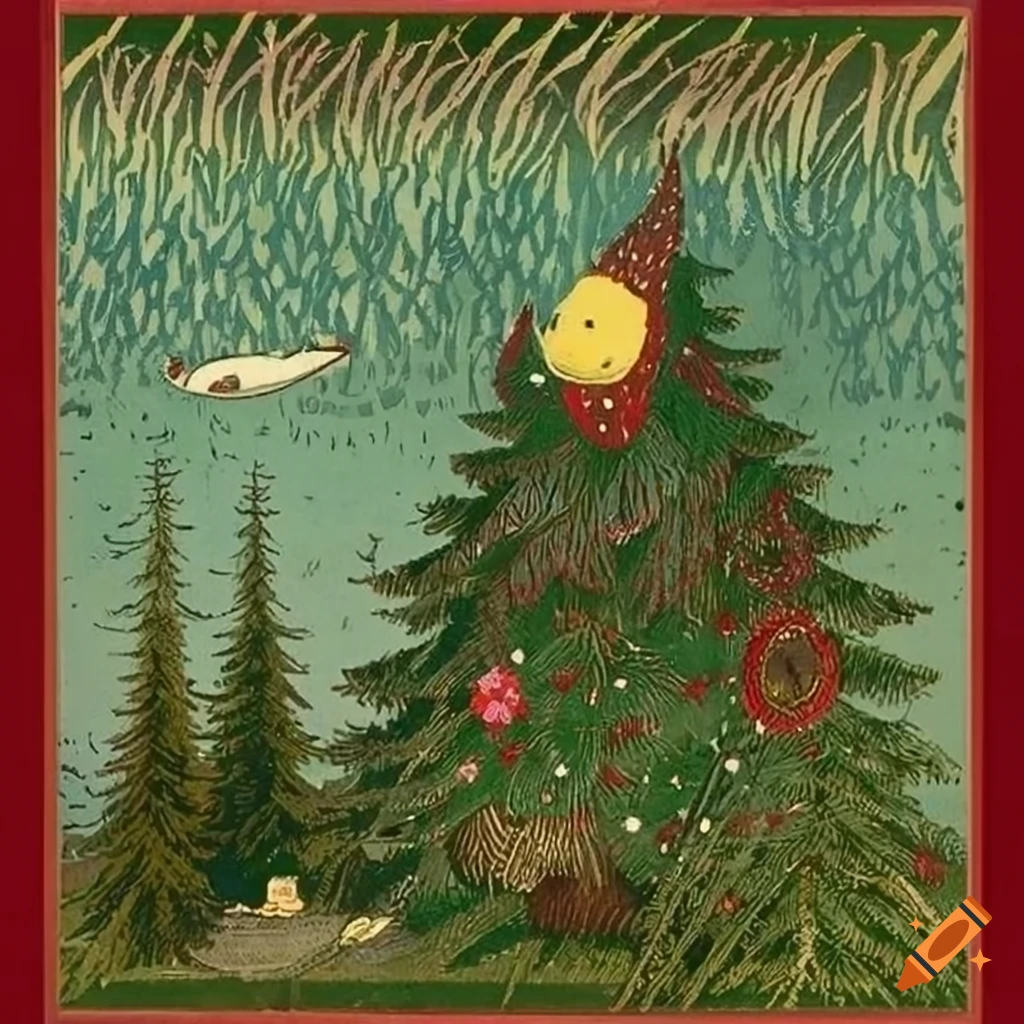 Highly detailed christmas tree made of feathers in a festive forest 