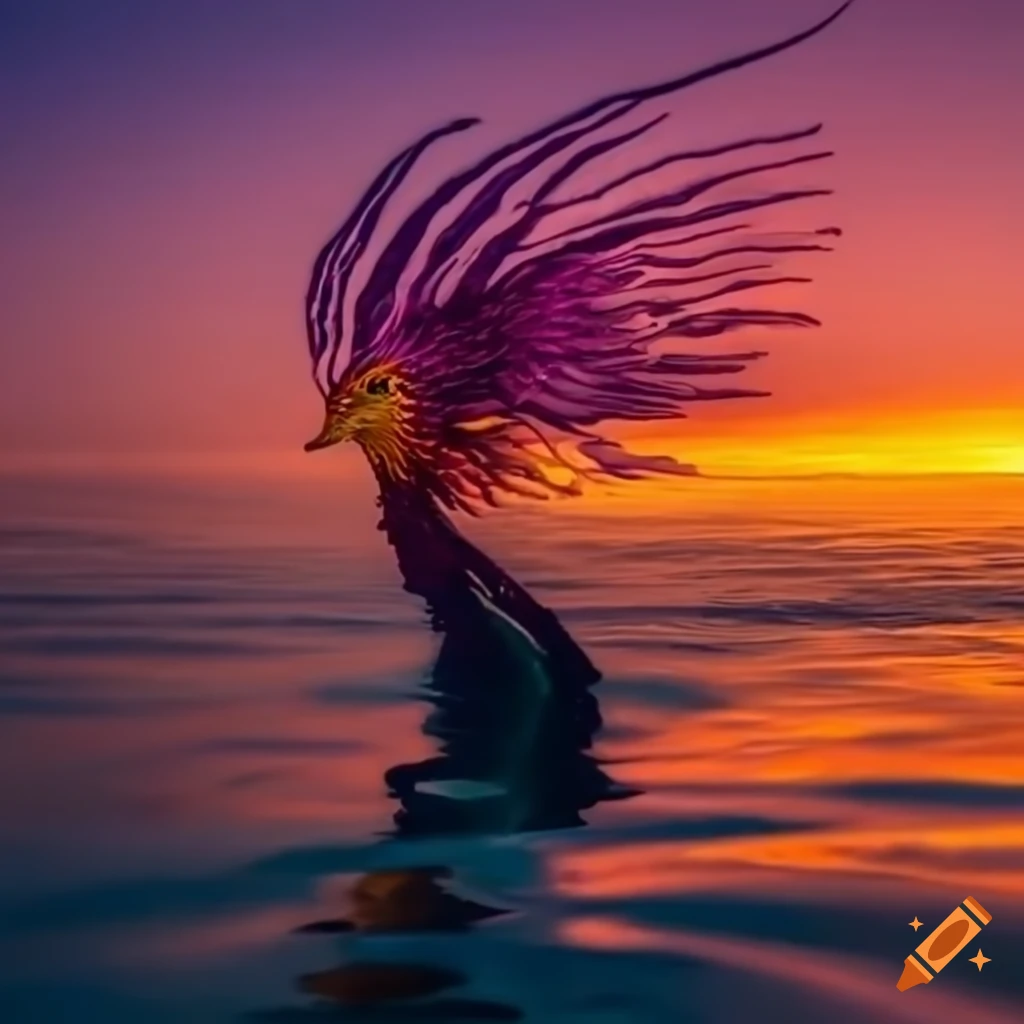 Underwater phoenix in oceanic sunset
