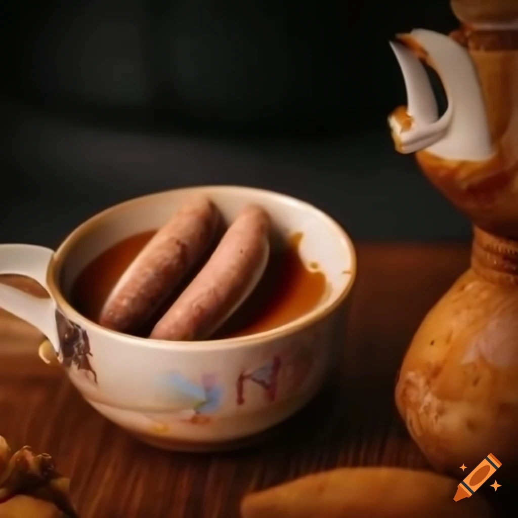 Sausage tea in teacup with sausage sticking out on Craiyon