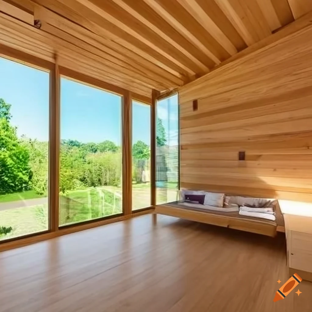 Interior of modern wooden house with big windows on Craiyon