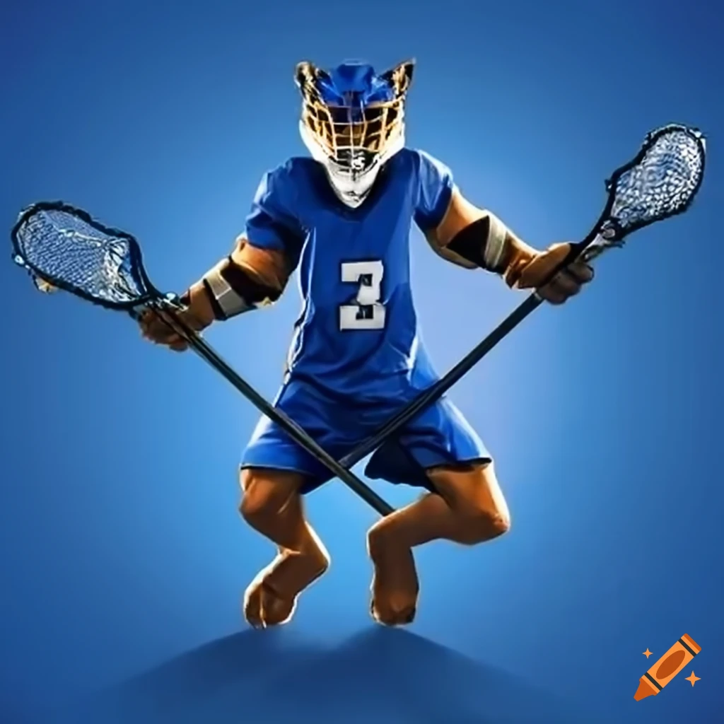 Humanoid cougar with lacrosse stick and royal blue jersey and helmet