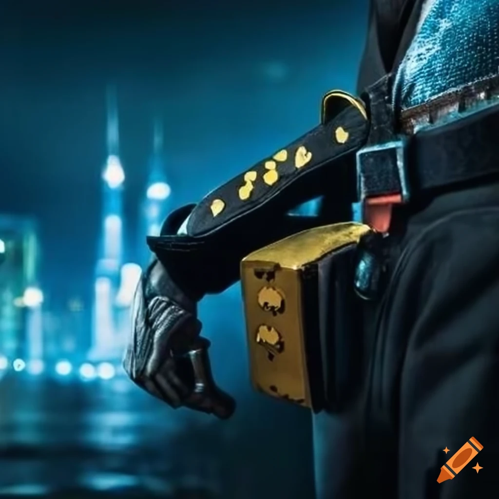 Close-up of Batman's colorful utility belt against the backdrop of Gotham's urban landscape