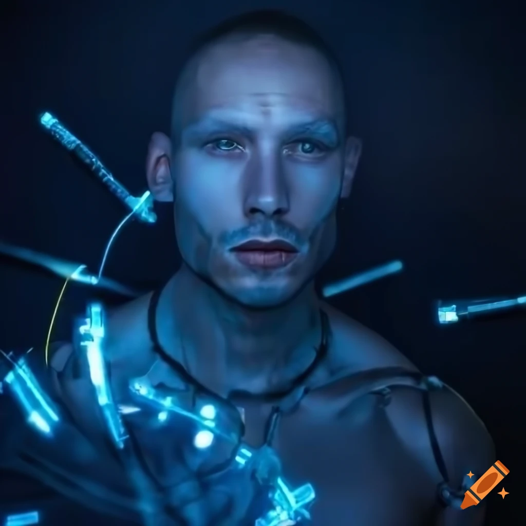 Highly detailed photorealistic male with led and optical fiber