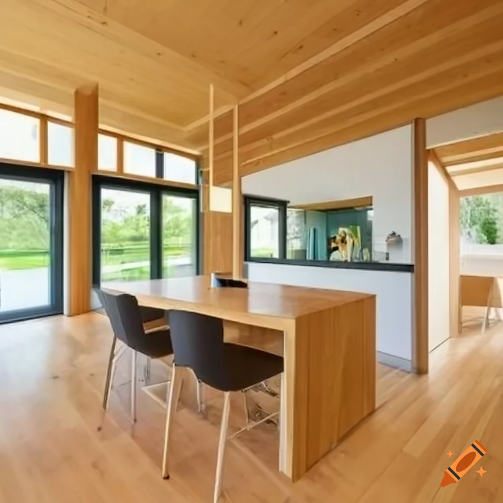 Interior view of sustainable house made of mass timber