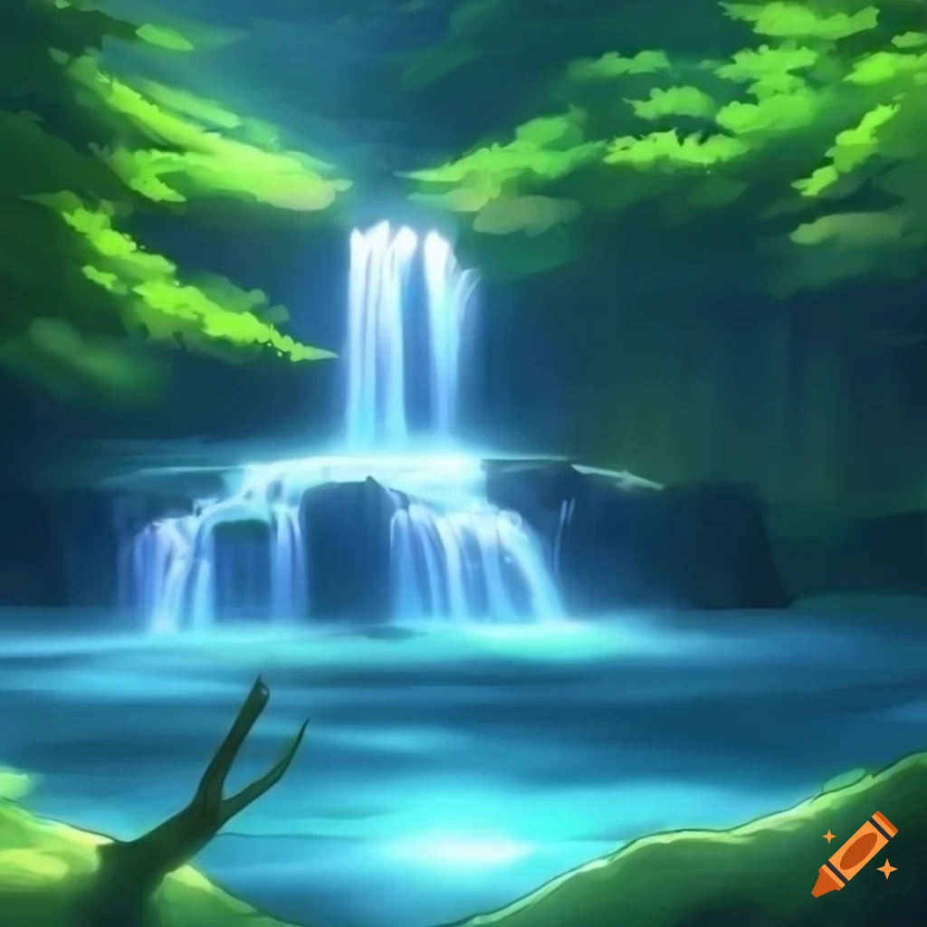 Anime pokemon scene in a calm and beautiful forest with a river and