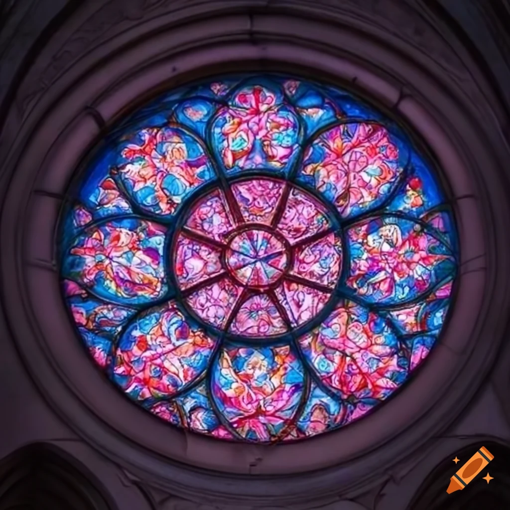 Pastel blue and pink cathedral rose window on Craiyon
