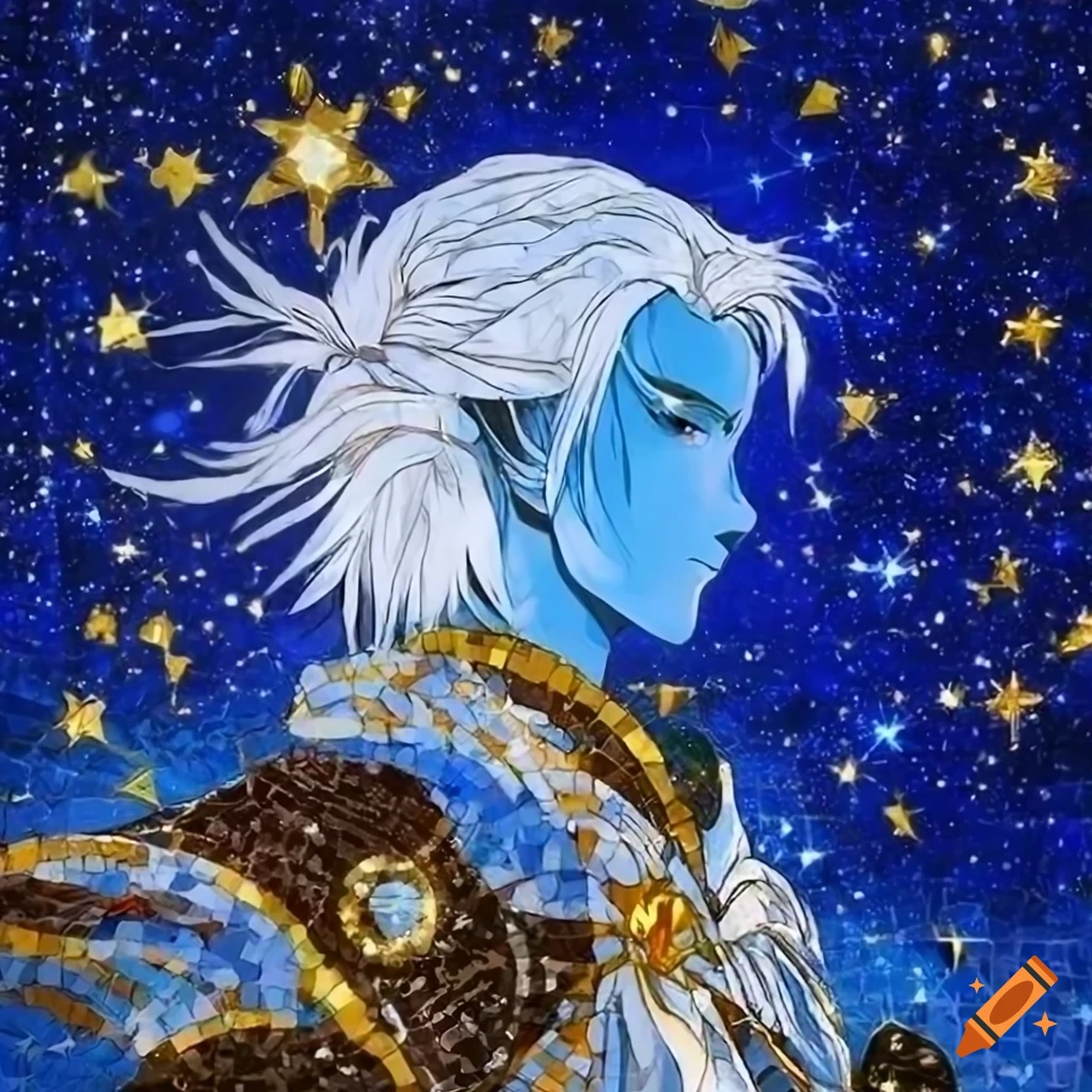Mosaic of heroic figure with gold leaves, blue celestial and silver craquelure in anime style