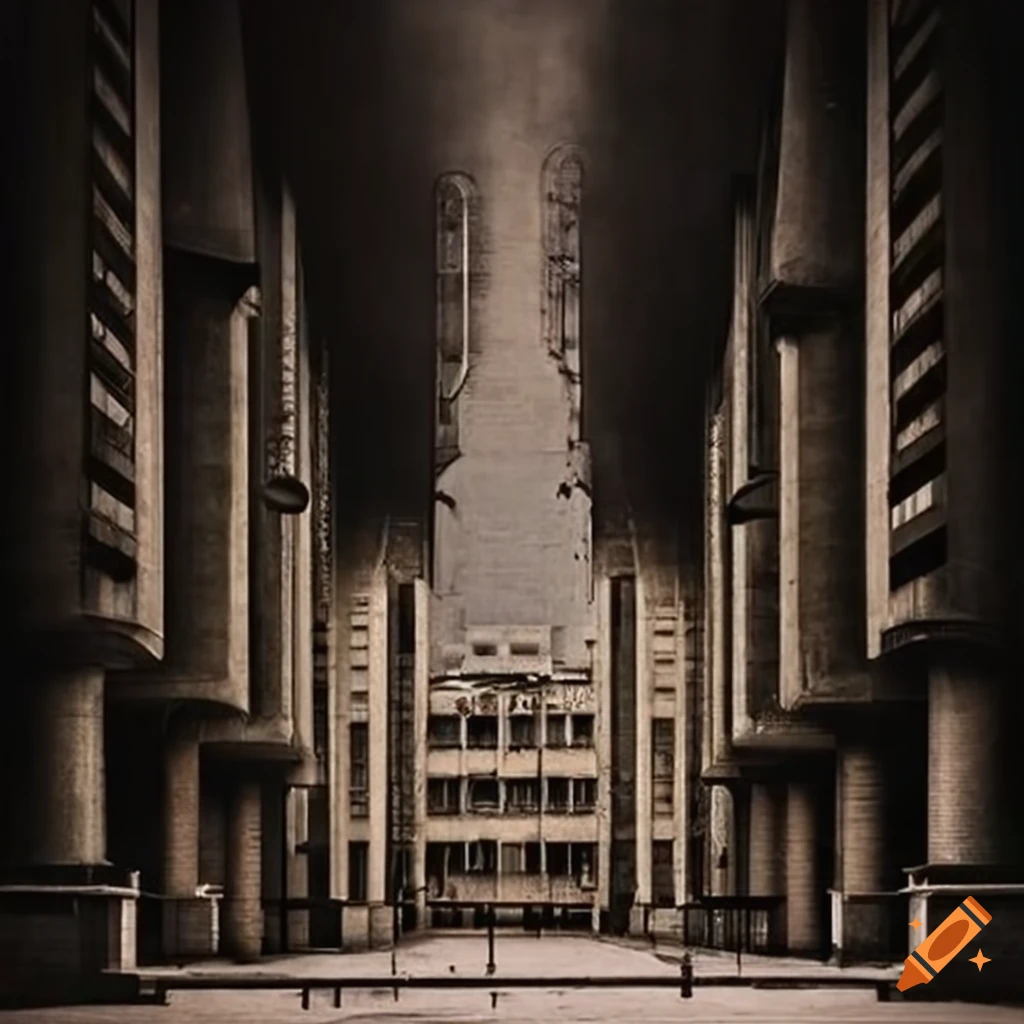 Grandiose menacing brutalist architecture in a dystopian Soviet society