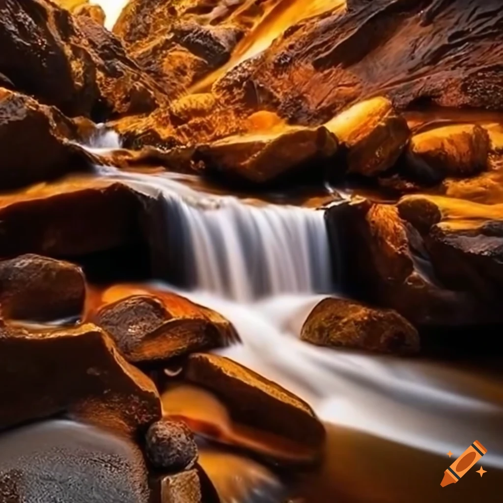 Stream Between Two Rocks Clear waterfall flowing between rocks into a rippling stream during ...