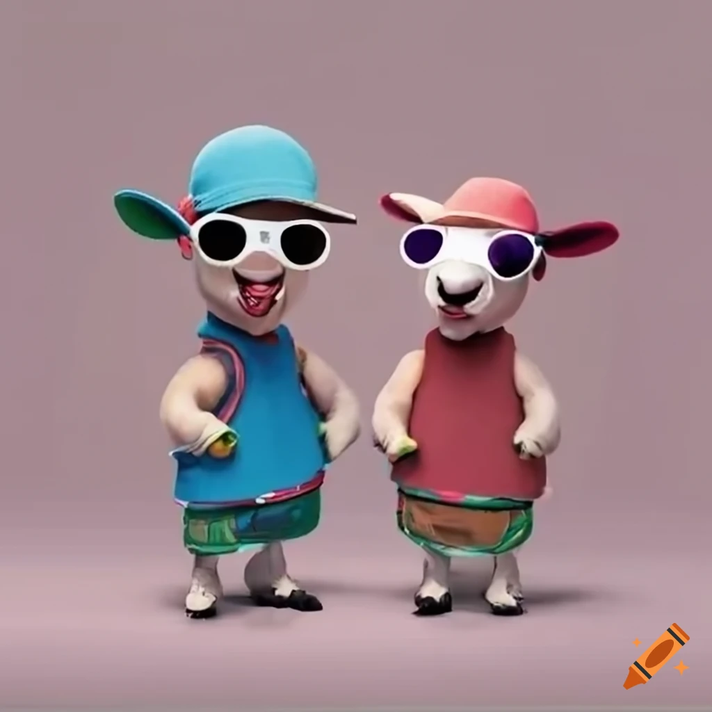 Two lambs with backwards baseball hats and sunglasses hanging out on