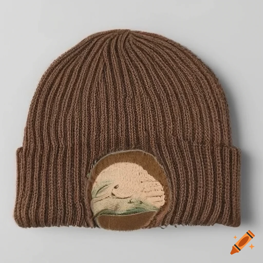 Men's brown beanie with island, waves, crab, and rudder design on Craiyon