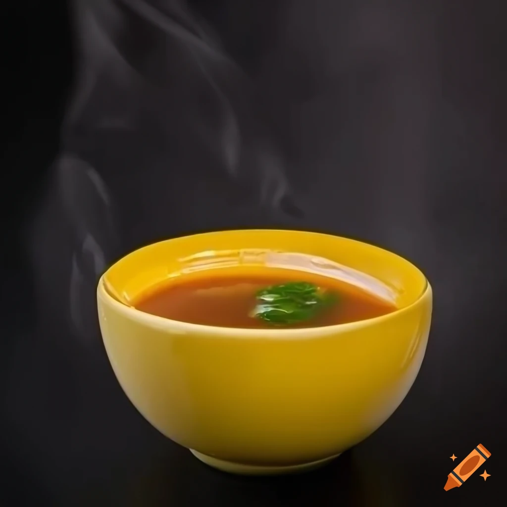 Yellow bowl of steaming soup on black background