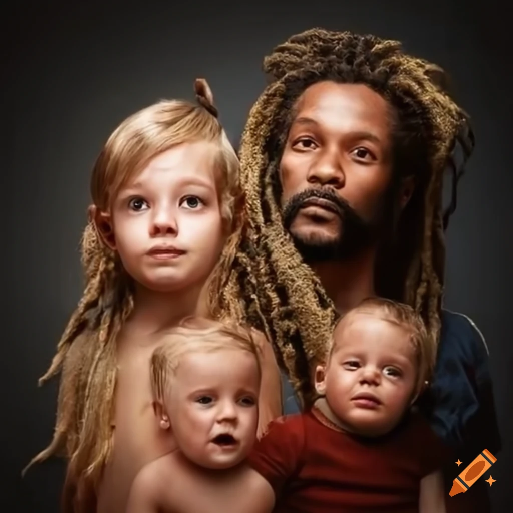 Reggae man with his 3 blonde daughters in a family photo