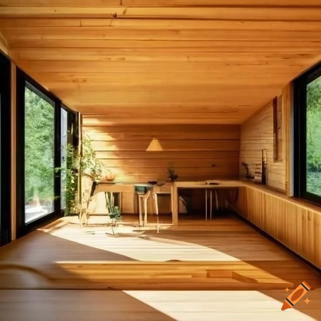 Interior of modern passive wooden house with big windows and garden