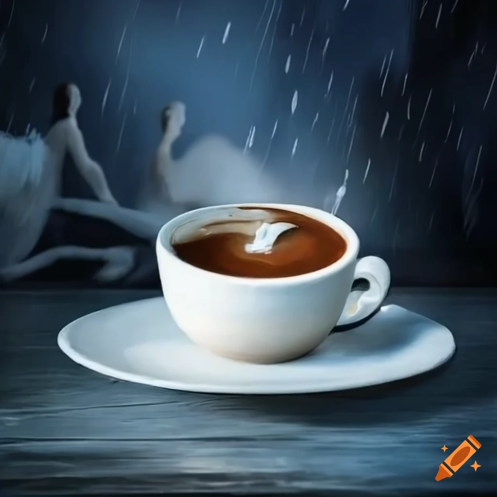 Painted panda drinking cappuccino with a backdrop of rain watching Swan Lake ballet