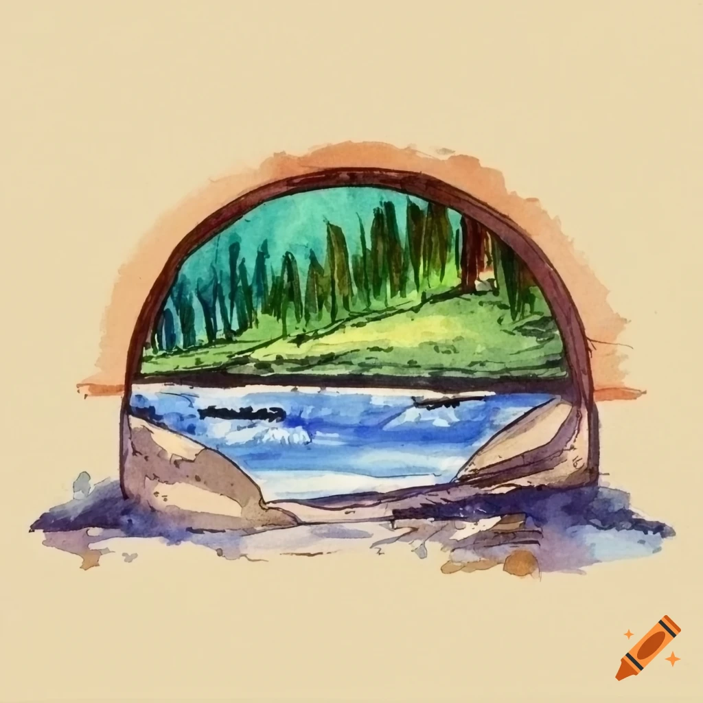 Otter bench under a bridge beside a river in a watercolor drawing