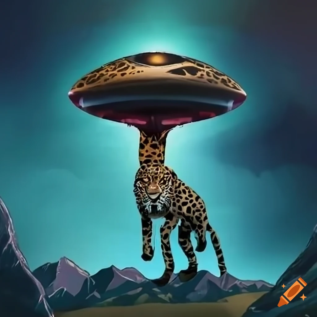 UFO abducting a jaguar in desert mountains