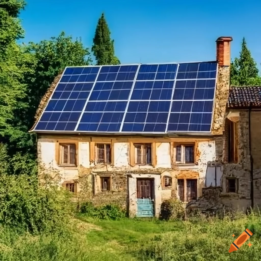 Old houses with solar panels in a village