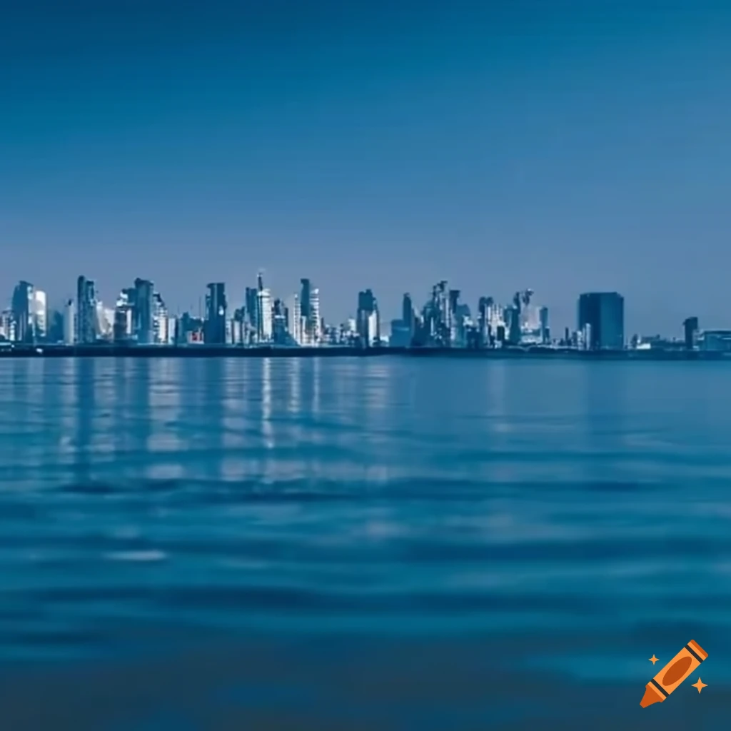 Futuristic white city on the ocean horizon under a bright blue sky on ...