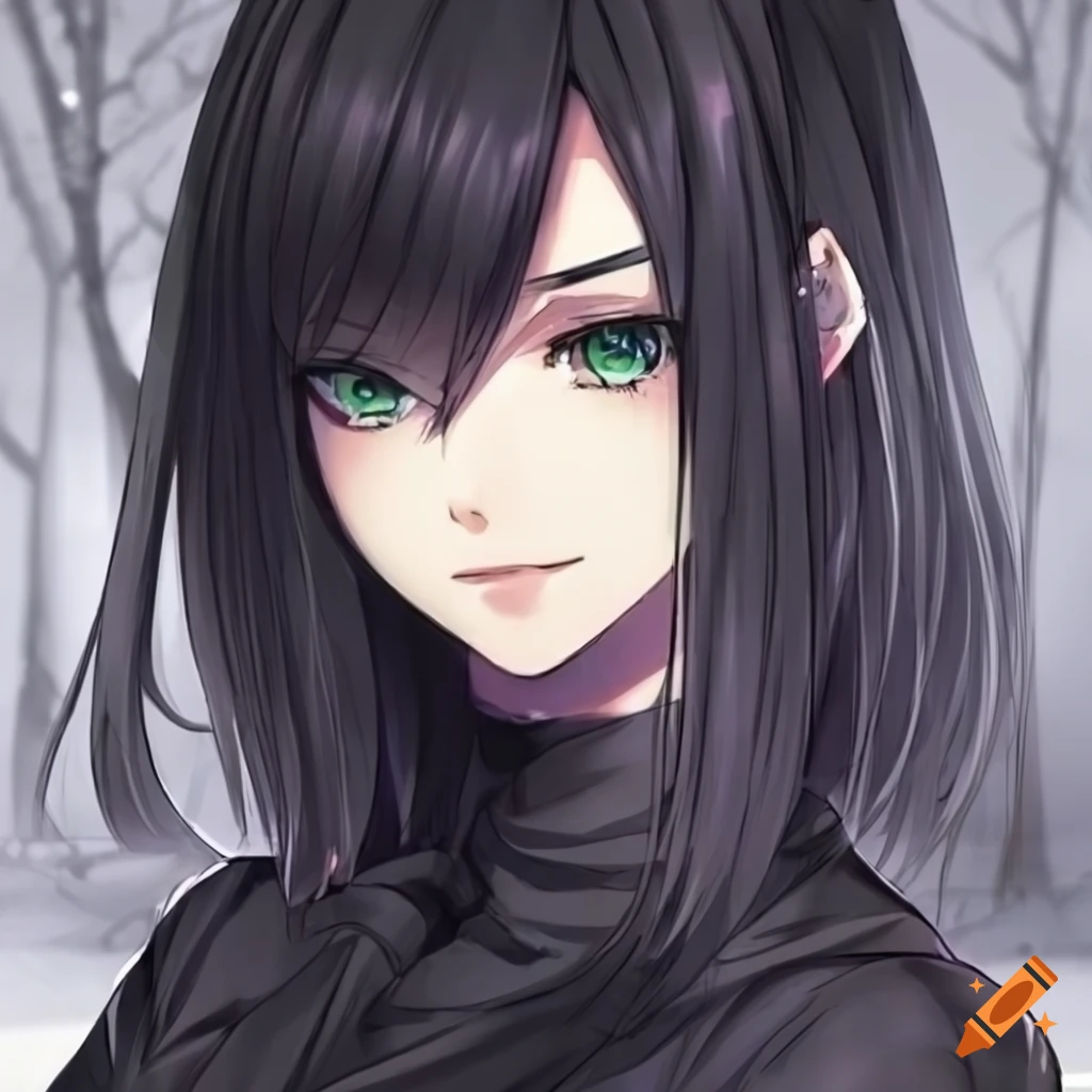 Cute anime girl with long messy black hair and blue-purple eyes on Craiyon