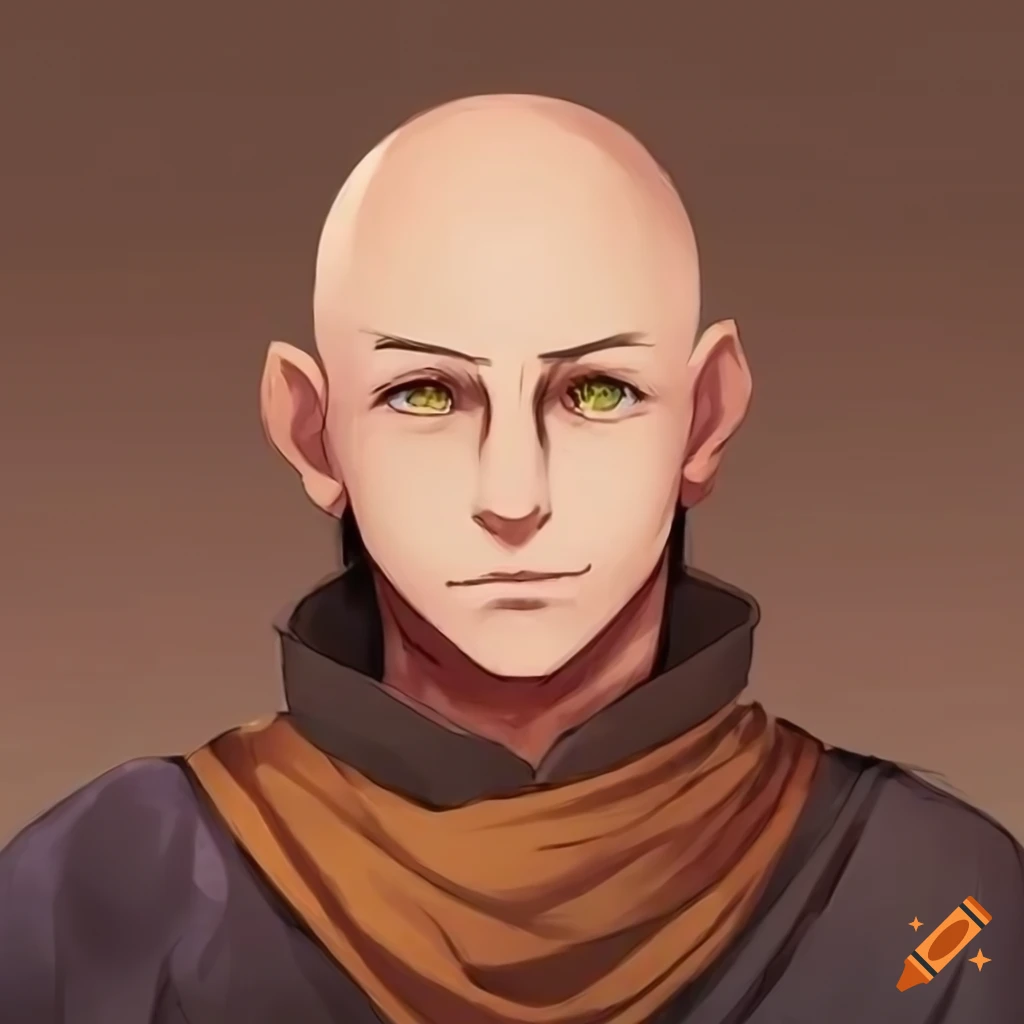 Anime art of a handsome bald monk with golden pupils
