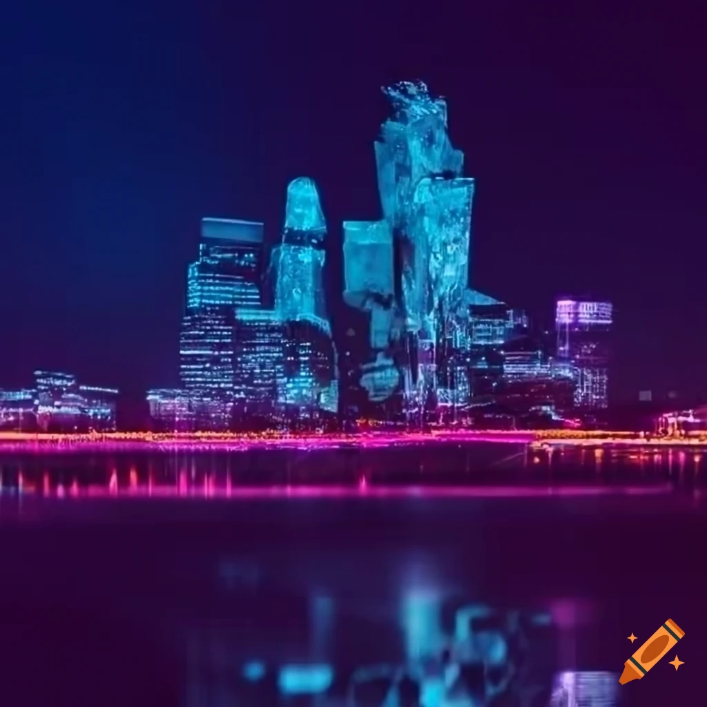 Cityscape with cyan and magenta lights in the night on Craiyon