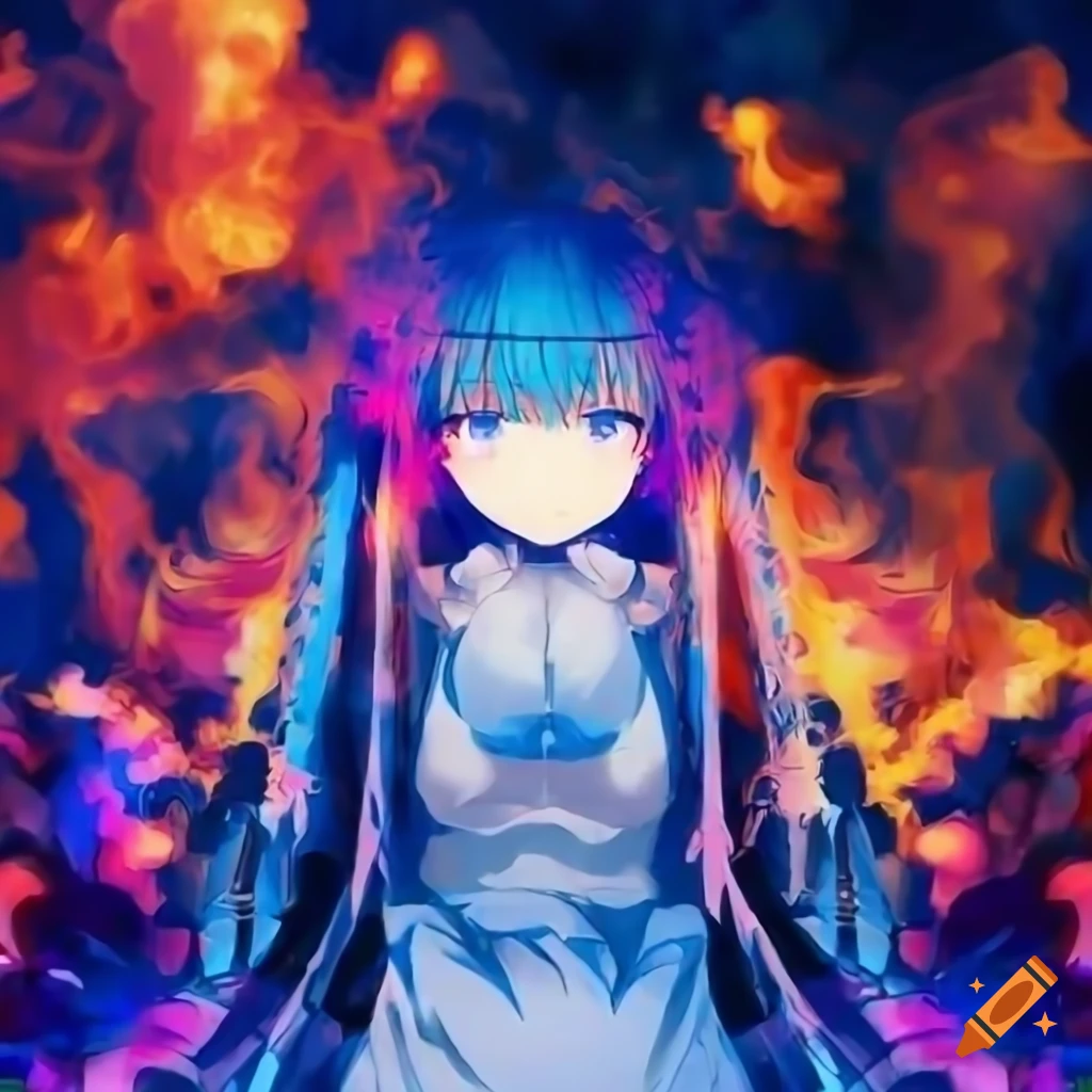 Colorful anime girl with fiery blue foreground and explosive background