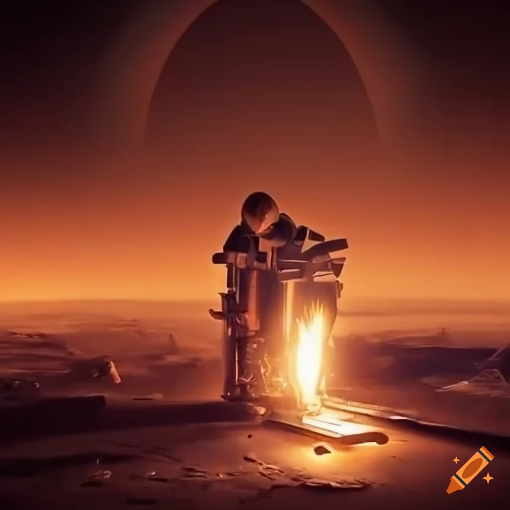 Skilled welder working on a forklift in front of a futuristic spaceship with Mars in the background