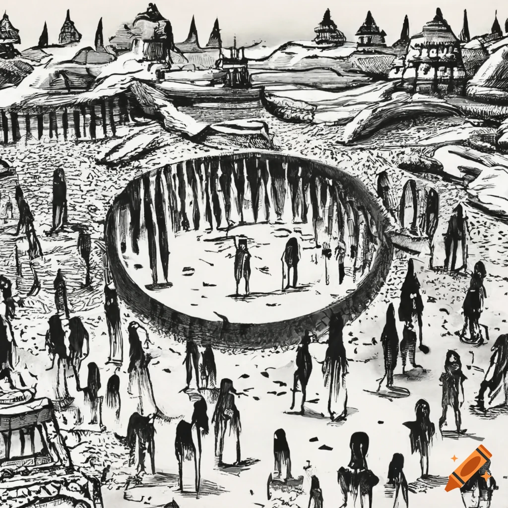 Crowd around a pool in a desert temple, hand drawn in black and white from above