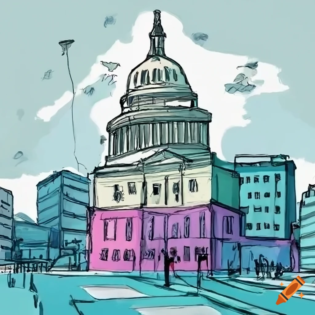 Sketch of city life in DC transitioning into dorms with students