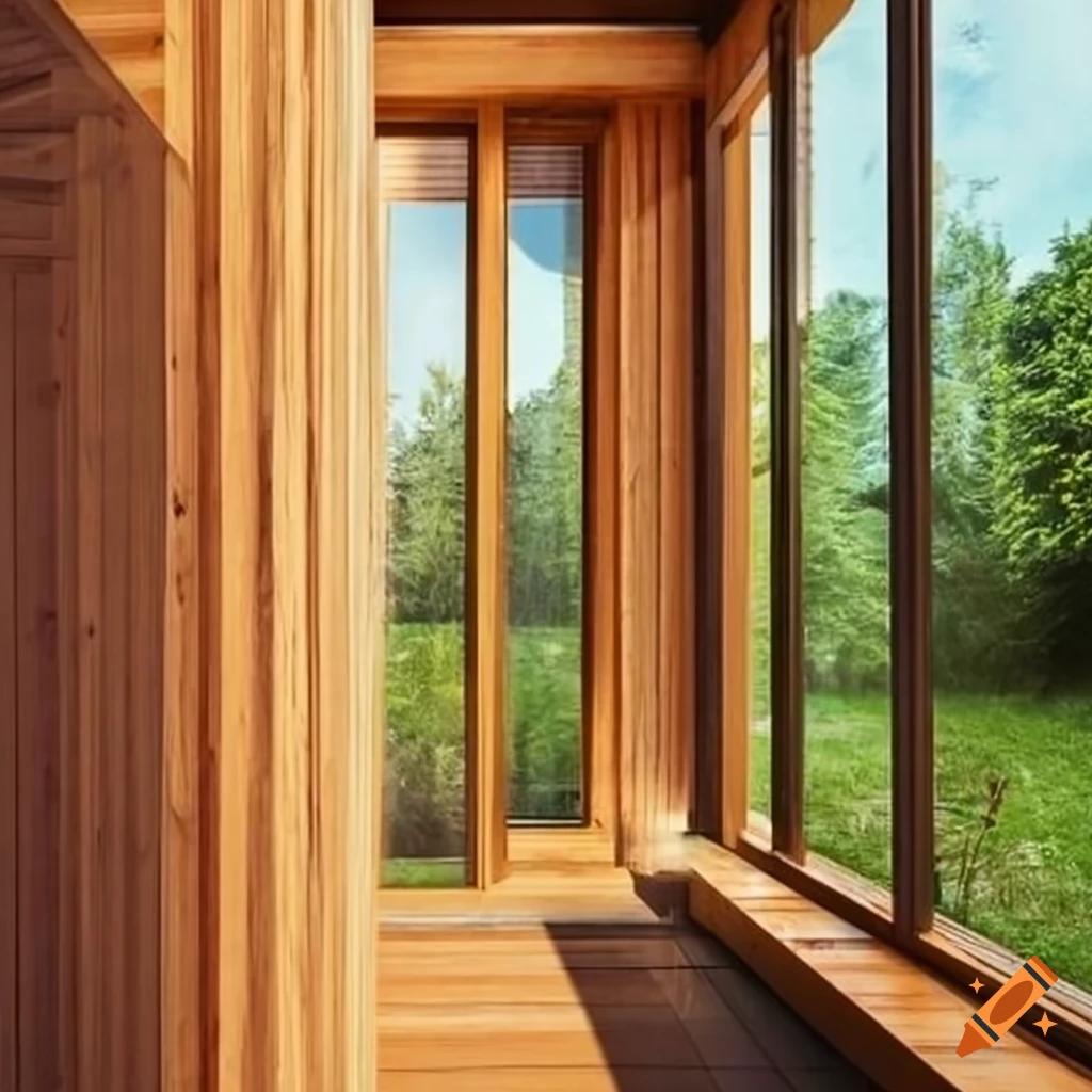 Interior of modern passive wooden house with big windows and garden