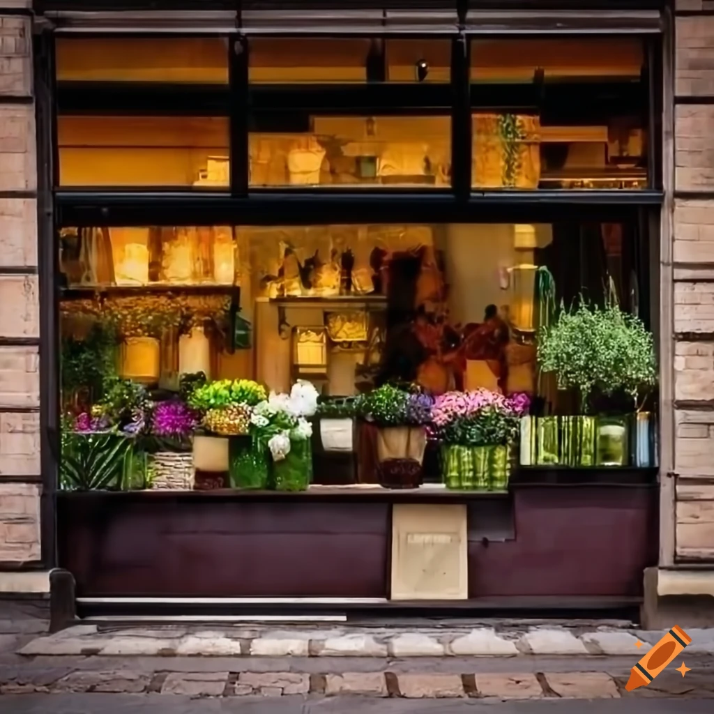 Front view of a flower store window display on Craiyon