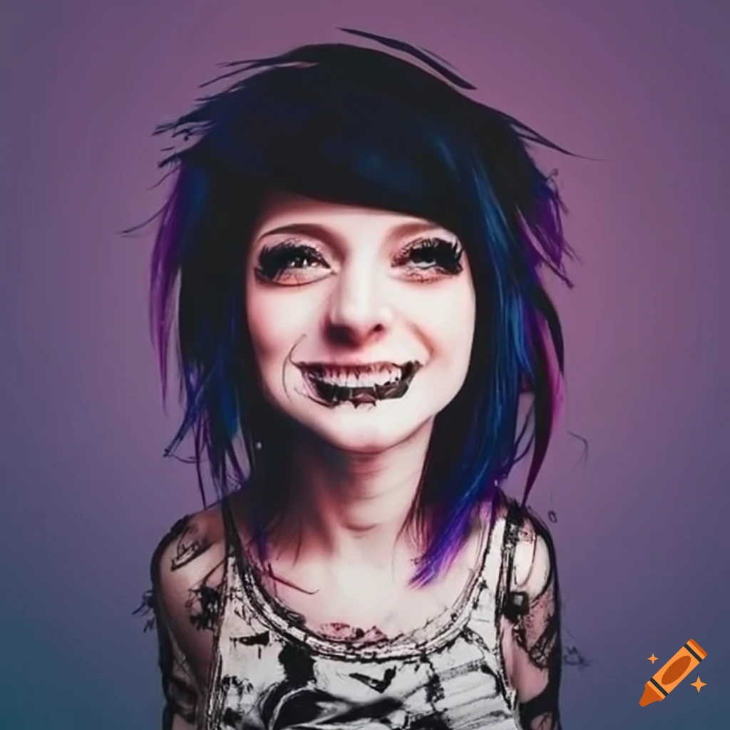 Smiling emo girl with a distorted expression on Craiyon