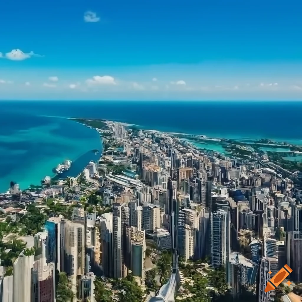 Stunning aerial view of a modern capital city port on a tropical island ...
