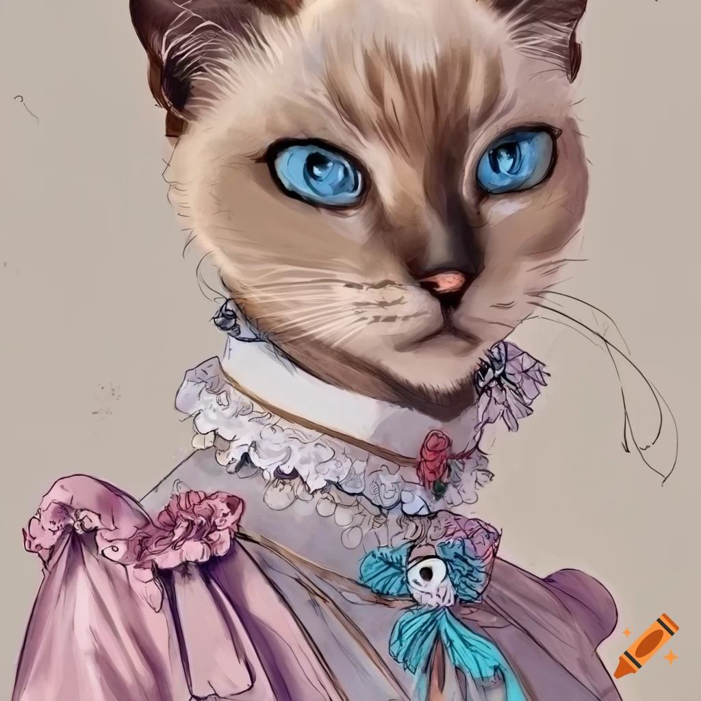 Anthropomorphic female siamese cat in victorian dress in muted colors