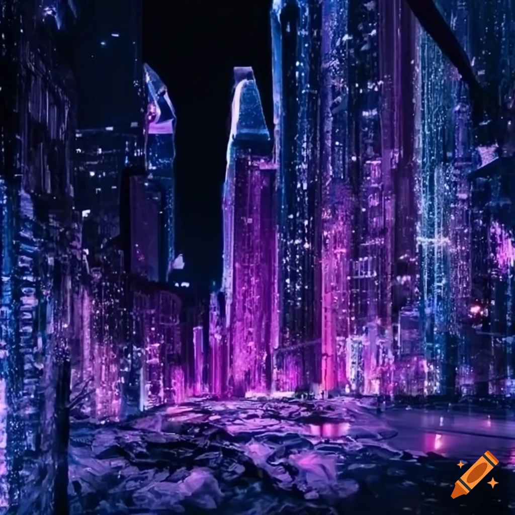 Cityscape with cyan and magenta lights at night on Craiyon