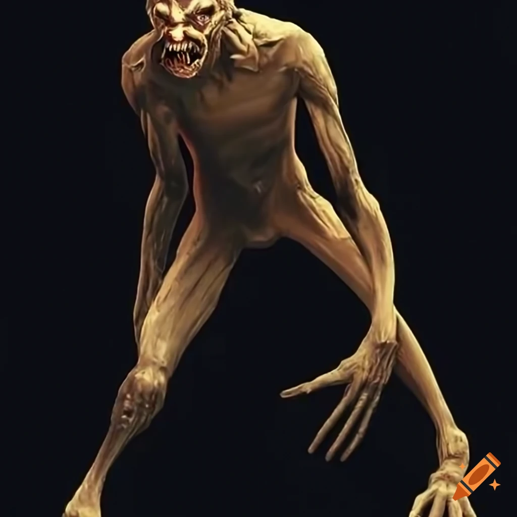 Creepy human monster with elongated arms in a horror scene on Craiyon, image size:1024x1024
