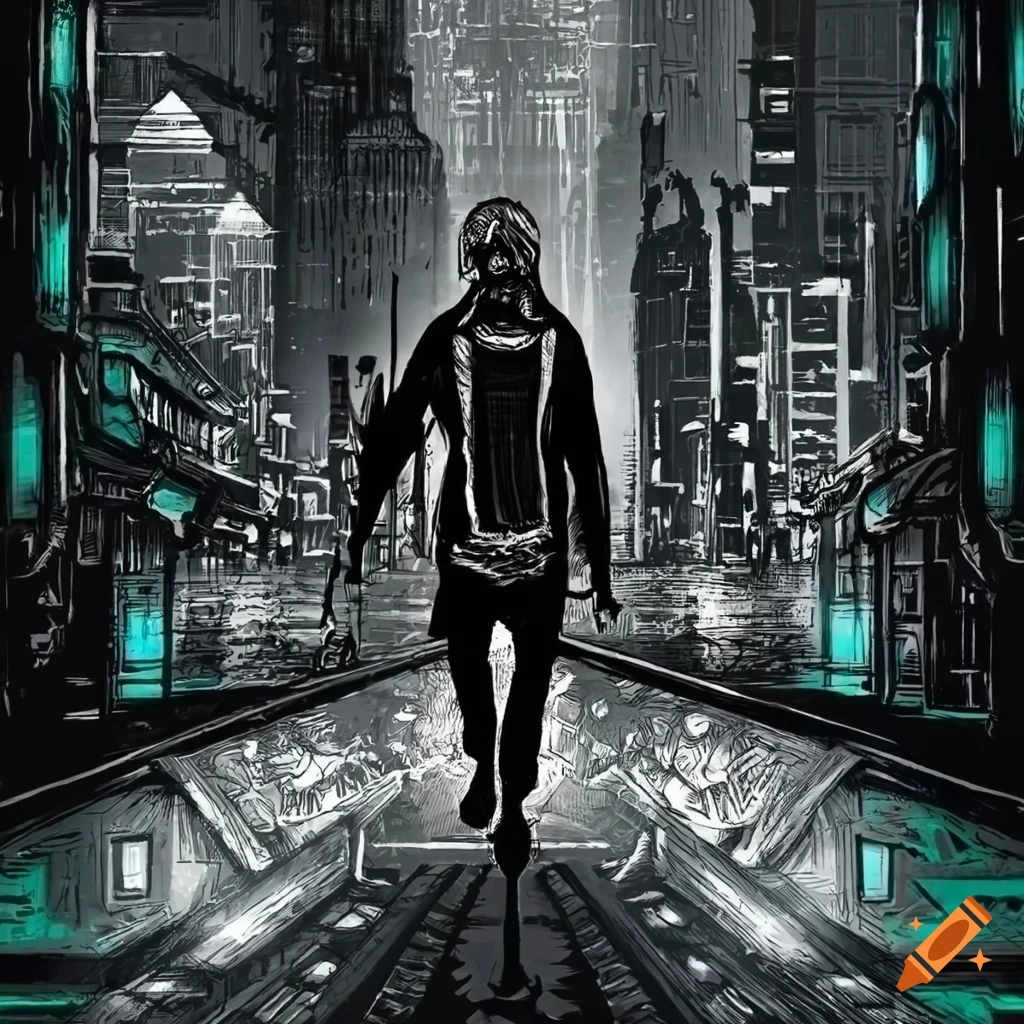 Dark fantasy dystopian man running through cyberpunk futuristic city on tarot card