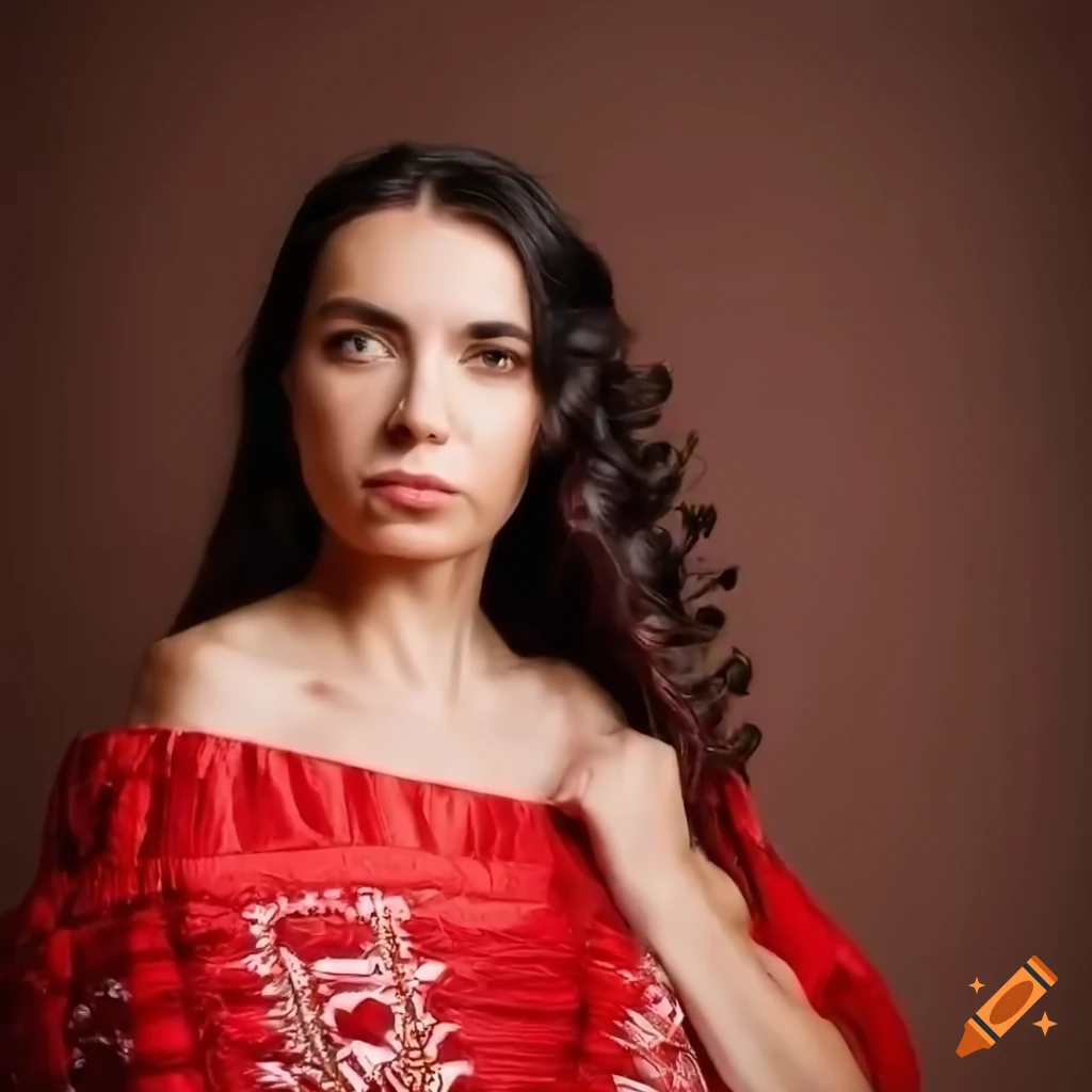 Serious Spanish woman in native cultural dress posing in front of a festive background