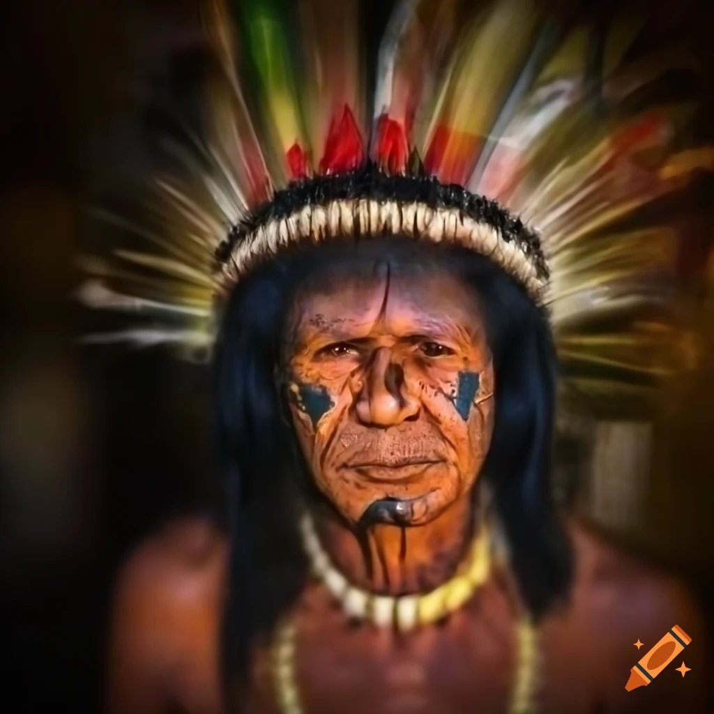 Brazilian indigenous man with black face paint and headdress, approximately 40 years old, front view photo