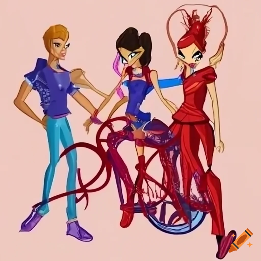 Winx club guys flying on bikes in red fontain and kodatorta on Craiyon