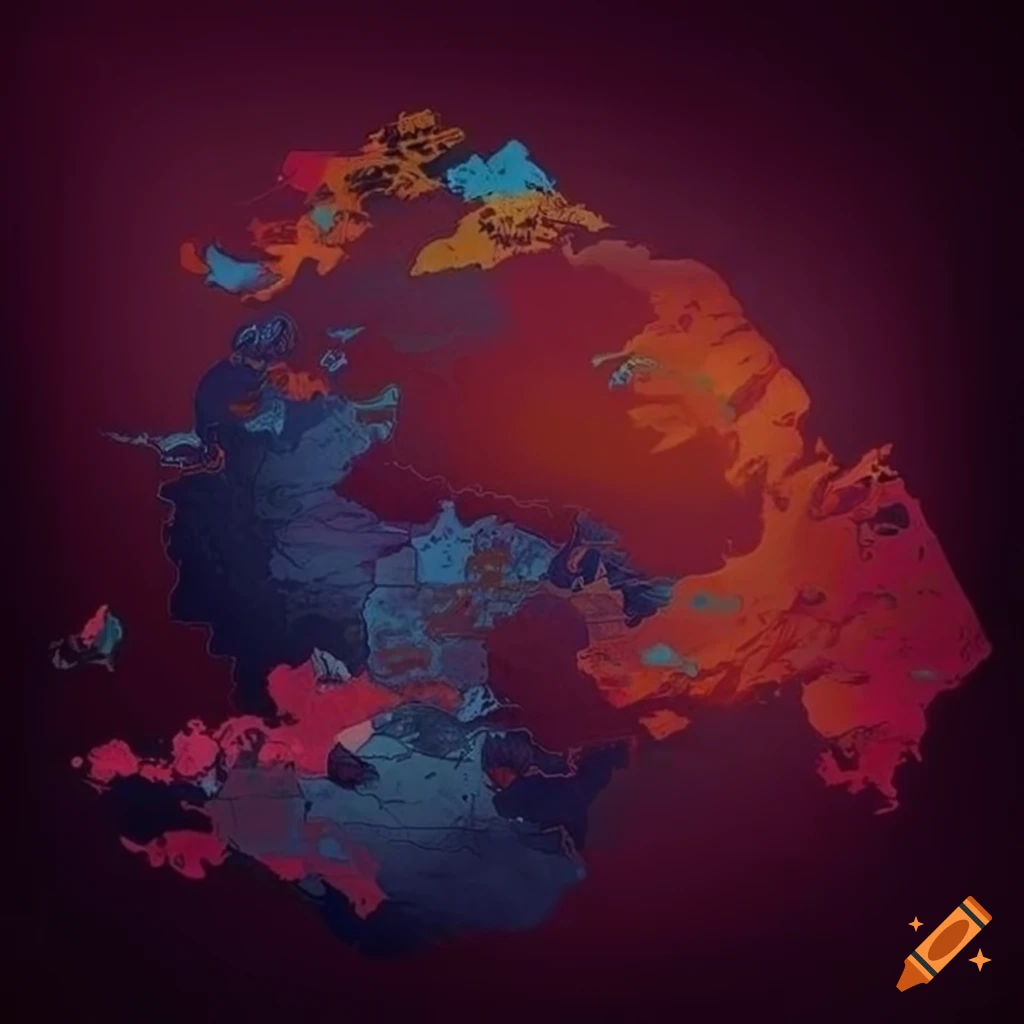 Vibrant and mysterious oriental-style world map with vibrant colors